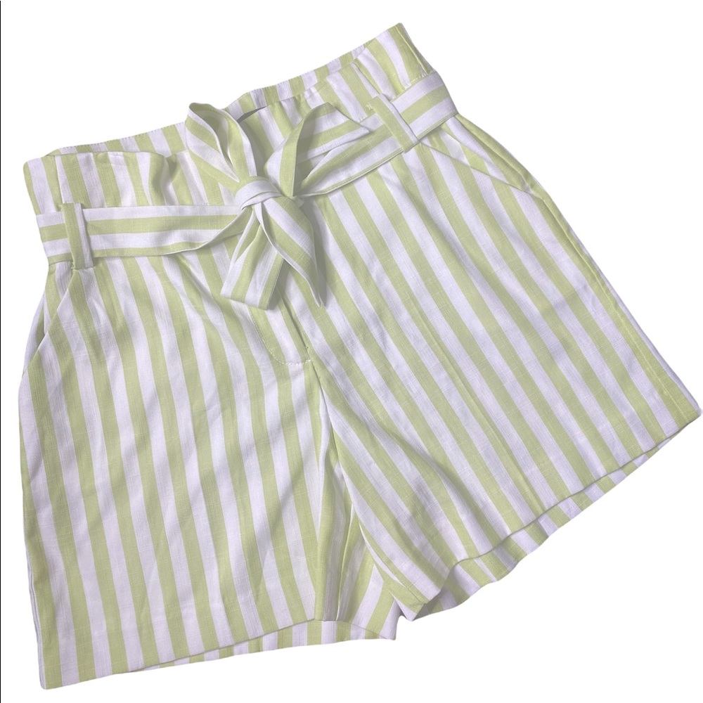 Lime green and white stripes linen shorts